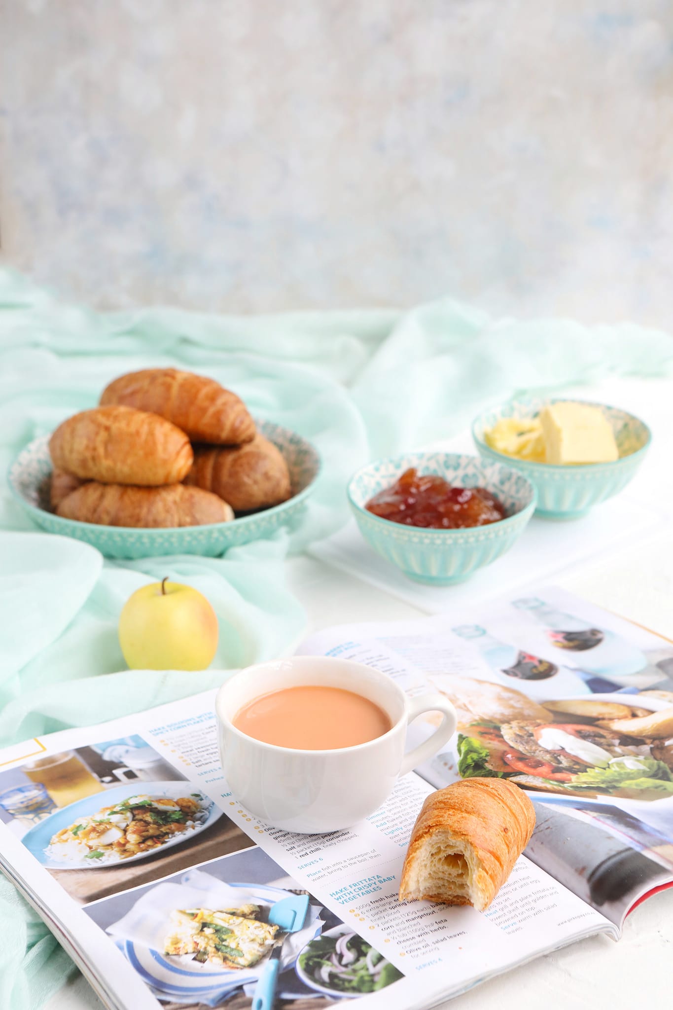 Breakfast placed on a magazine